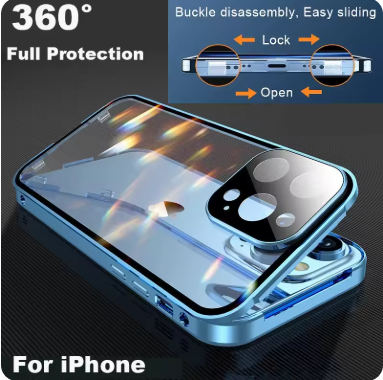 IPhone 16 pro max用の両面磁気ガラスケース,ロックバックル,360 ° 完全保護